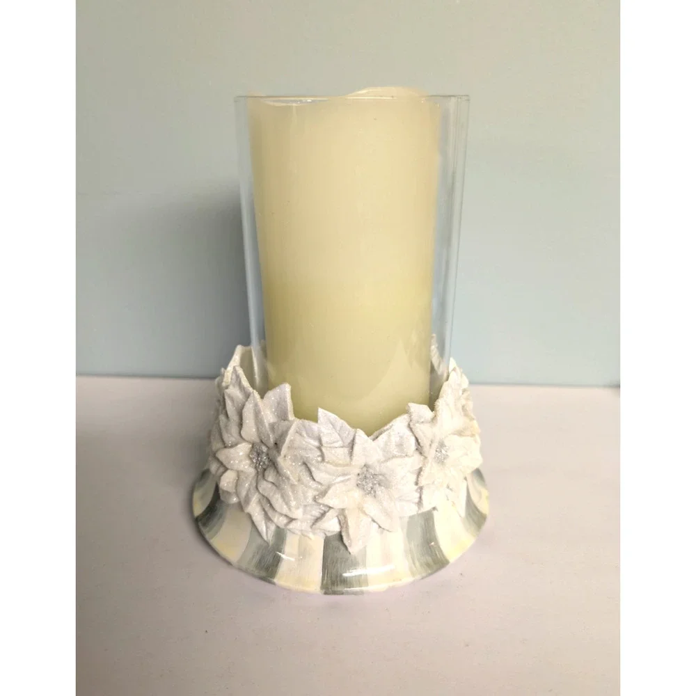 Mackenzie Childs Crystal Palace Sterling Stripe Poinsettia Pillar Candle Holder
